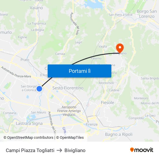 Campi Piazza Togliatti to Bivigliano map