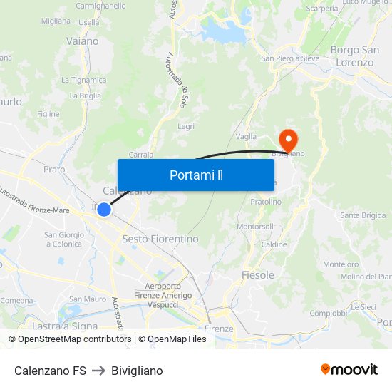 Calenzano FS to Bivigliano map