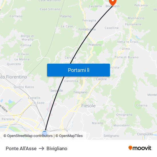 Ponte All'Asse to Bivigliano map