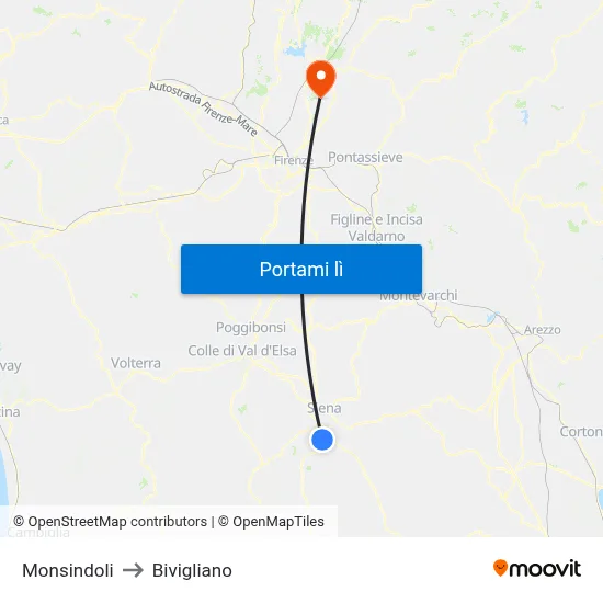 Monsindoli to Bivigliano map