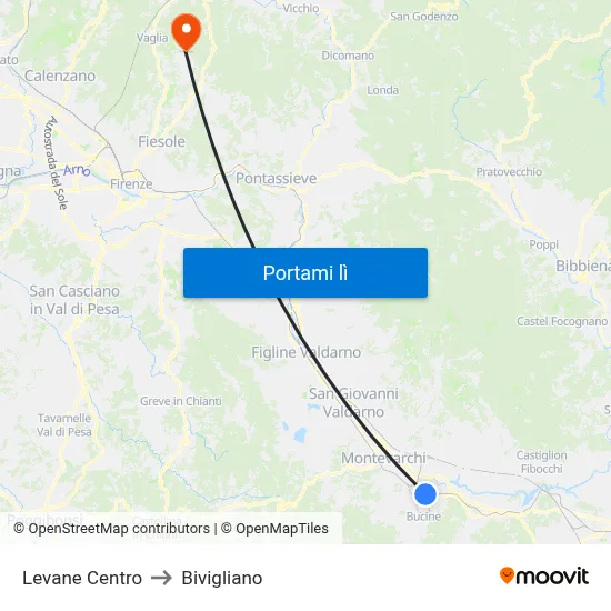 Levane Centro to Bivigliano map