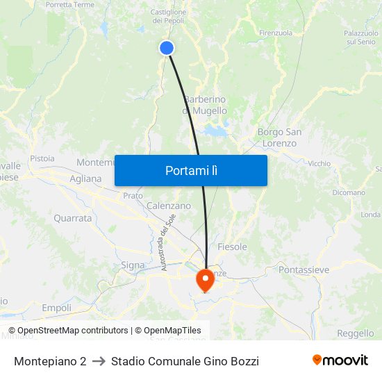 Montepiano 2 to Stadio Comunale Gino Bozzi map