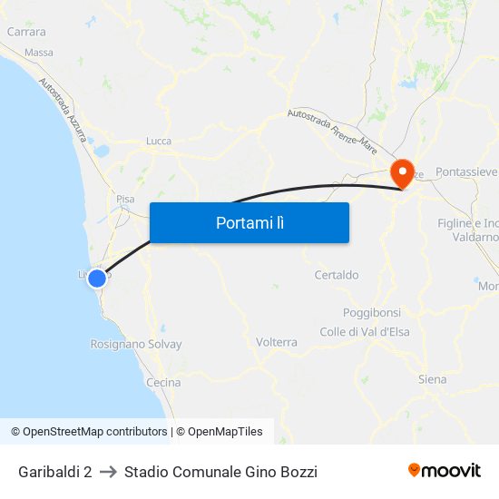 Garibaldi 2 to Stadio Comunale Gino Bozzi map