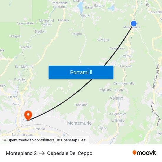 Montepiano 2 to Ospedale Del Ceppo map