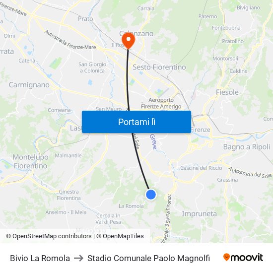 Bivio La Romola to Stadio Comunale Paolo Magnolfi map