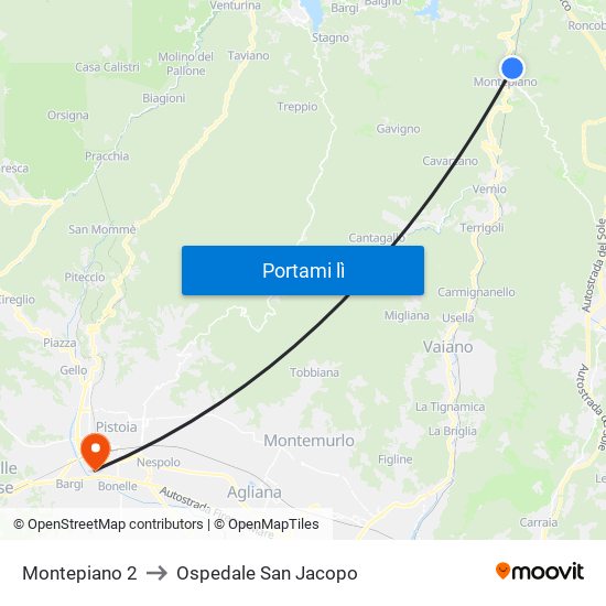 Montepiano 2 to Ospedale San Jacopo map