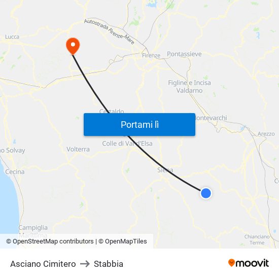 Asciano Cimitero to Stabbia map