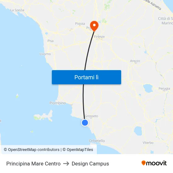 Principina Mare Centro to Design Campus map
