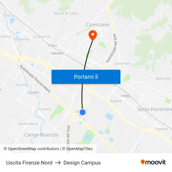 Uscita Firenze Nord to Design Campus map