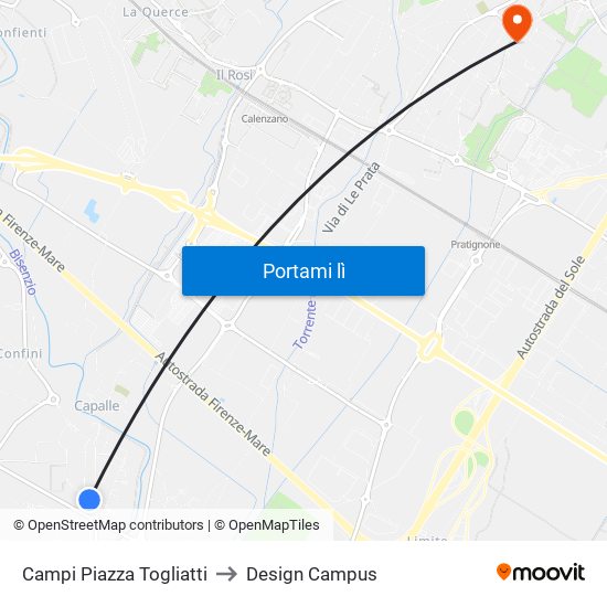 Campi Piazza Togliatti to Design Campus map