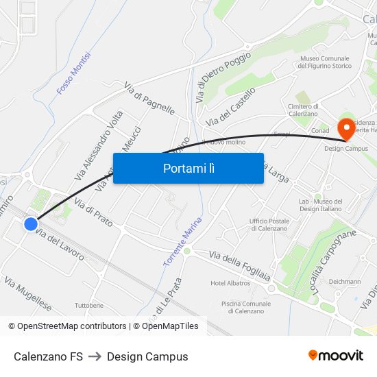 Calenzano FS to Design Campus map