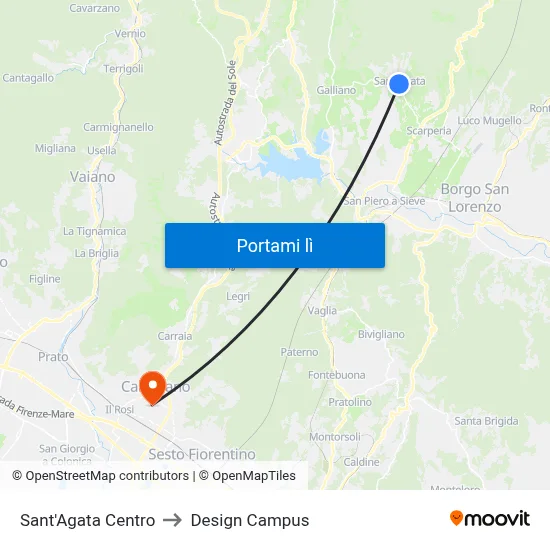 Sant'Agata Centro to Design Campus map
