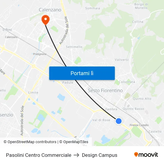 Pasolini Centro Commerciale to Design Campus map