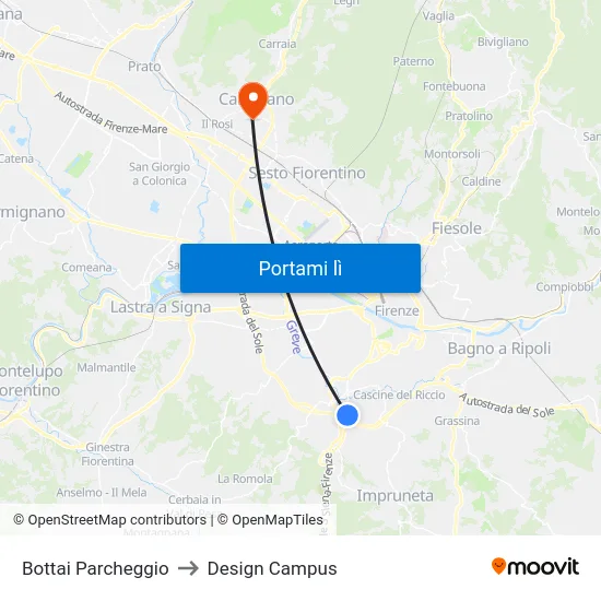 Bottai Parcheggio to Design Campus map