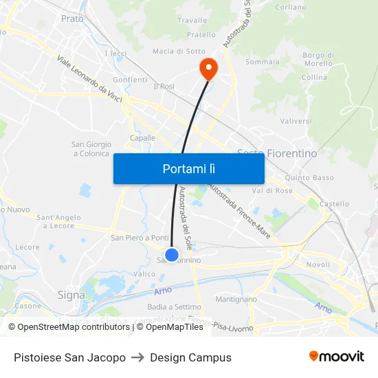 Pistoiese San Jacopo to Design Campus map
