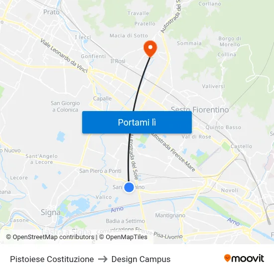 Pistoiese Costituzione to Design Campus map