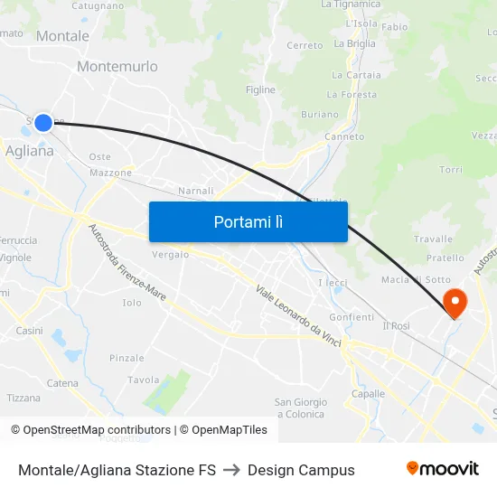 Montale/Agliana Stazione FS to Design Campus map