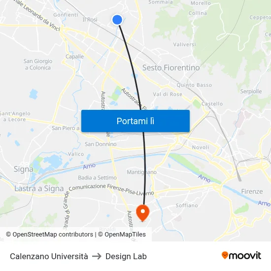Calenzano Università to Design Lab map