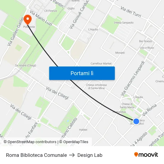 Roma Biblioteca Comunale to Design Lab map