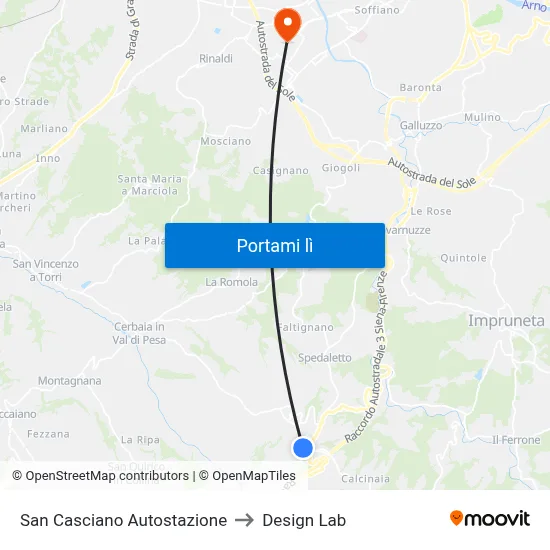 San Casciano Autostazione to Design Lab map