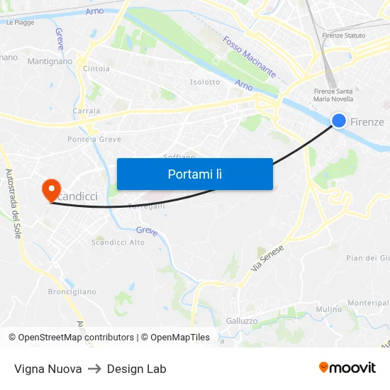 Vigna Nuova to Design Lab map