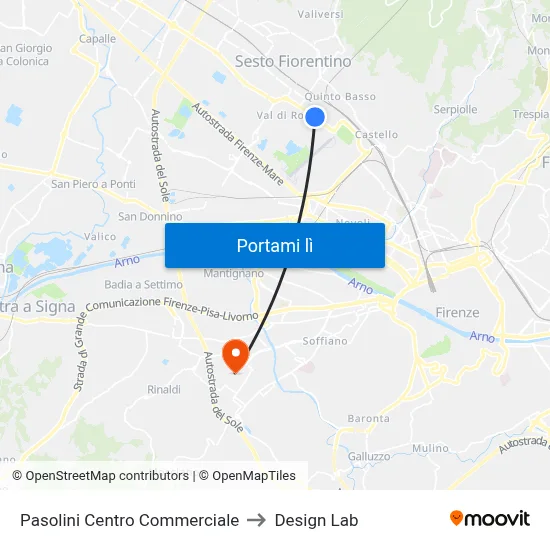 Pasolini Centro Commerciale to Design Lab map