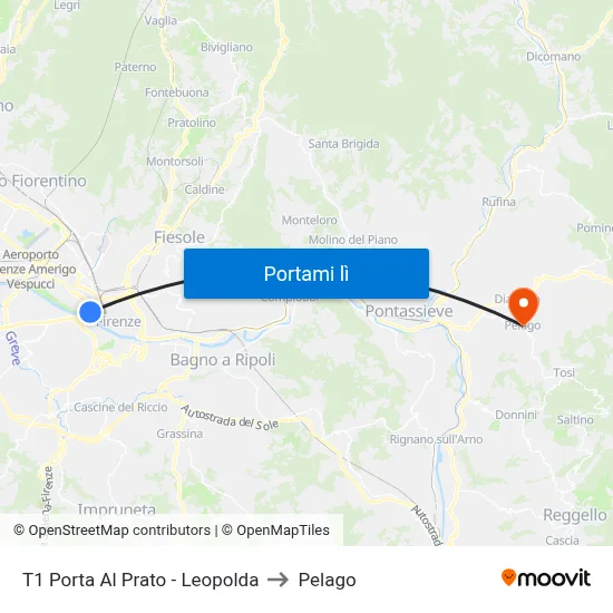 T1 Porta Al Prato - Leopolda to Pelago map