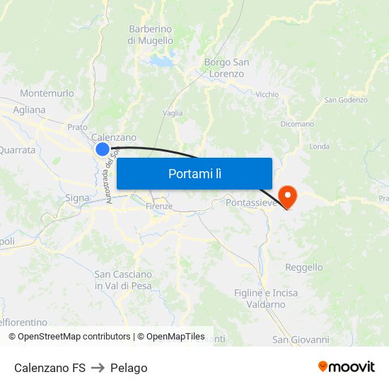 Calenzano FS to Pelago map
