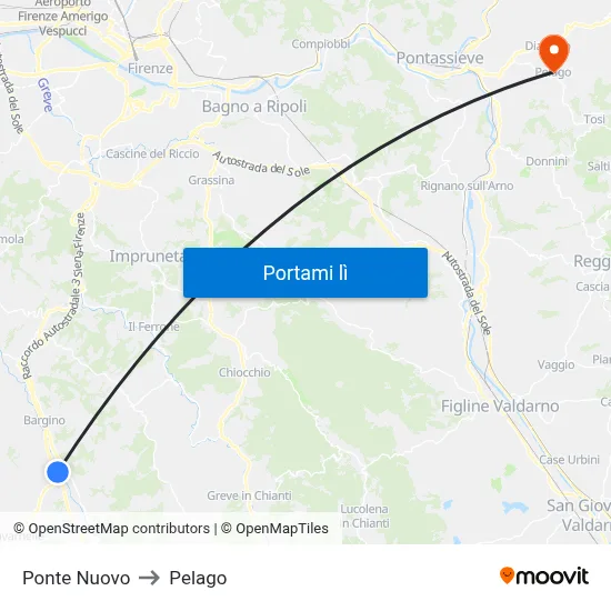 Ponte Nuovo to Pelago map