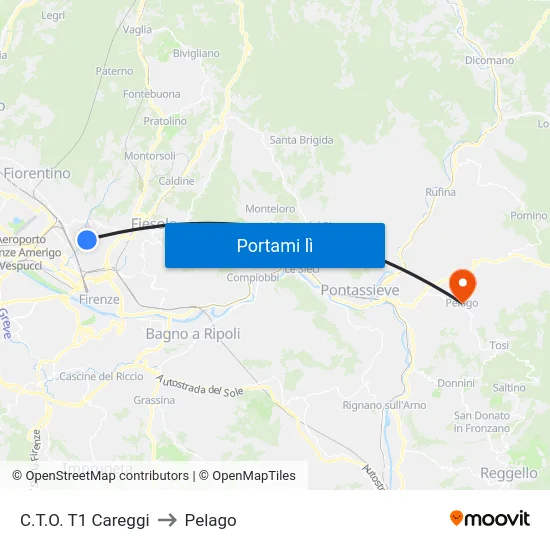 C.T.O. T1 Careggi to Pelago map
