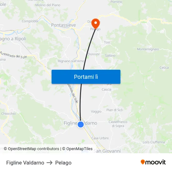 Figline Valdarno to Pelago map