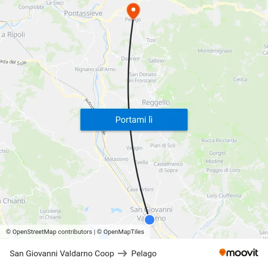 San Giovanni Valdarno Coop to Pelago map