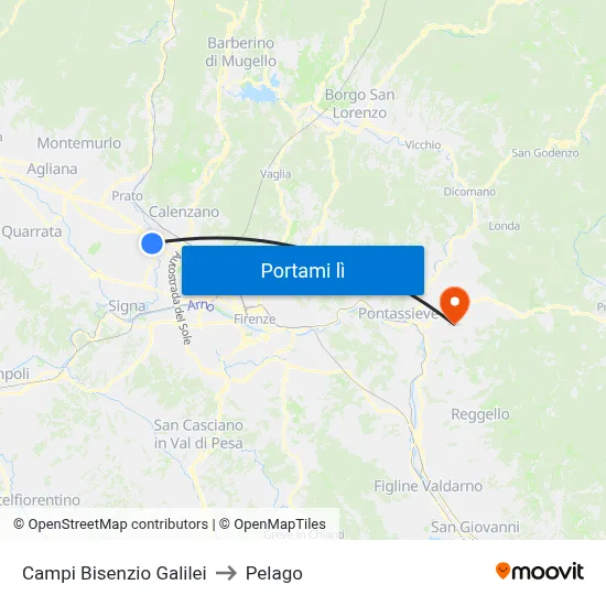 Campi Bisenzio Galilei to Pelago map