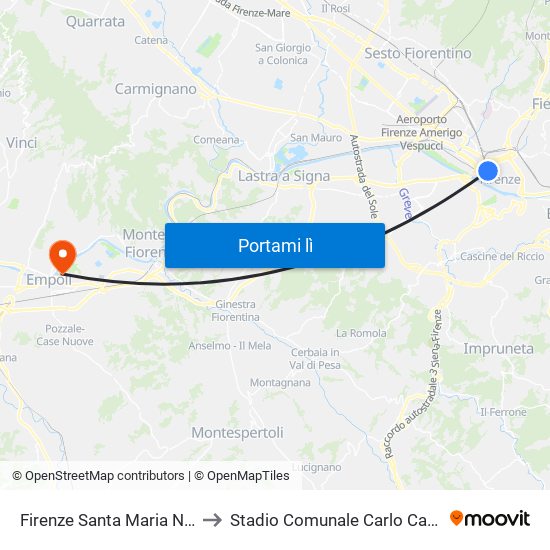 Firenze Santa Maria Novella to Stadio Comunale Carlo Castellani map