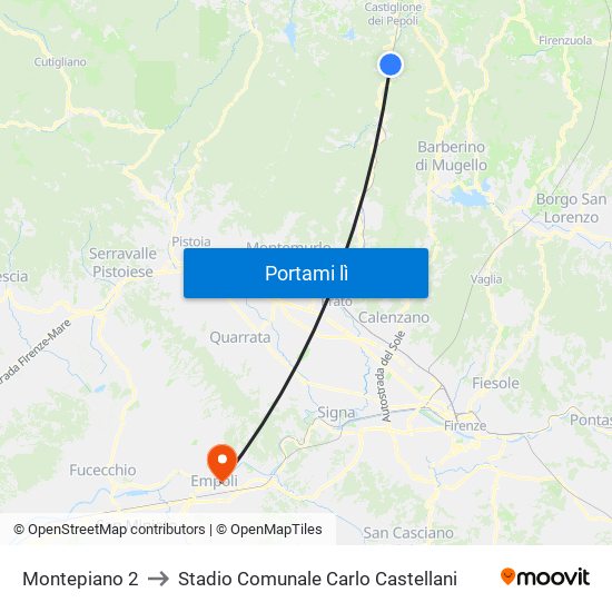 Montepiano 2 to Stadio Comunale Carlo Castellani map