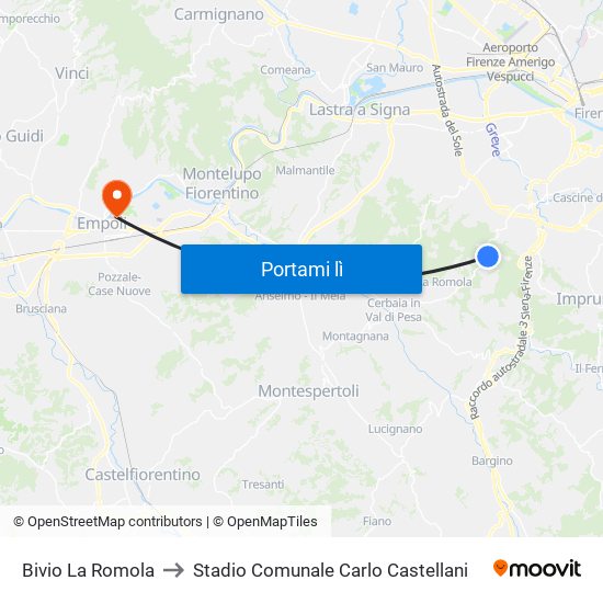 Bivio La Romola to Stadio Comunale Carlo Castellani map