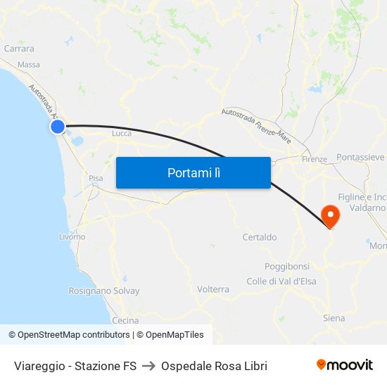 Viareggio Stazione FS to Ospedale Rosa Libri map