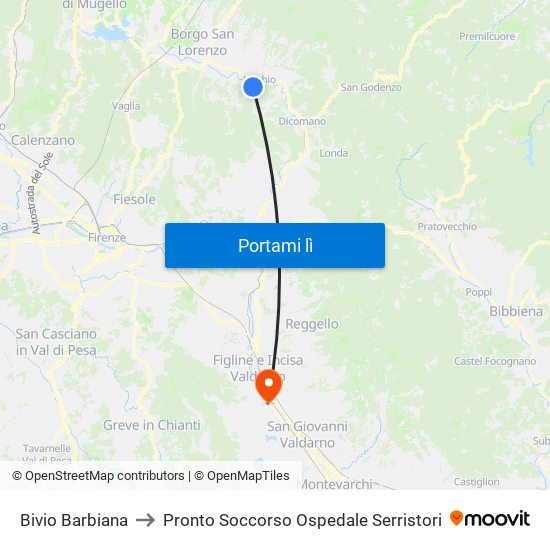 Bivio Barbiana to Pronto Soccorso Ospedale Serristori map