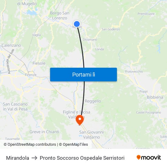 Mirandola to Pronto Soccorso Ospedale Serristori map