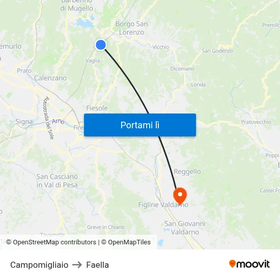 Campomigliaio to Faella map