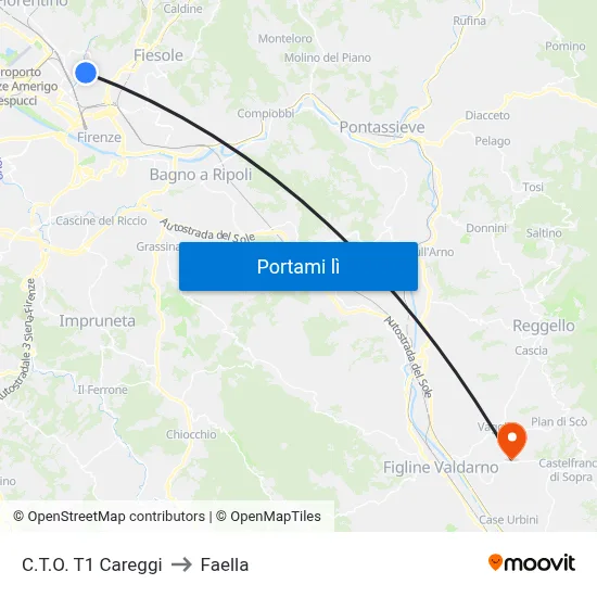 C.T.O. T1 Careggi to Faella map