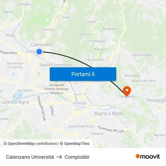 Calenzano Università to Compiobbi map