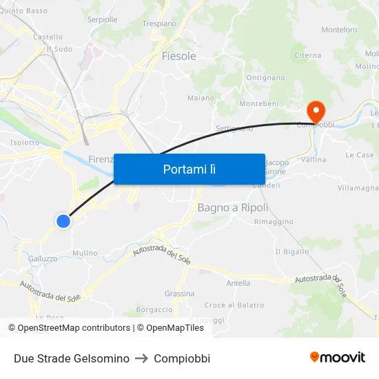 Due Strade Gelsomino to Compiobbi map