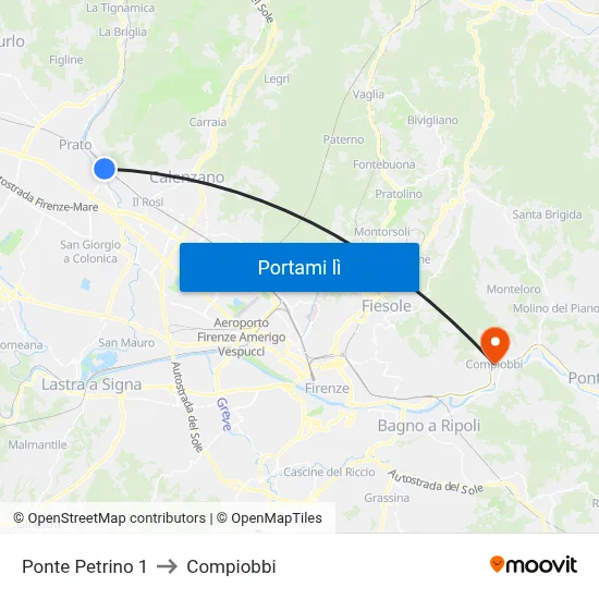 Ponte Petrino 1 to Compiobbi map