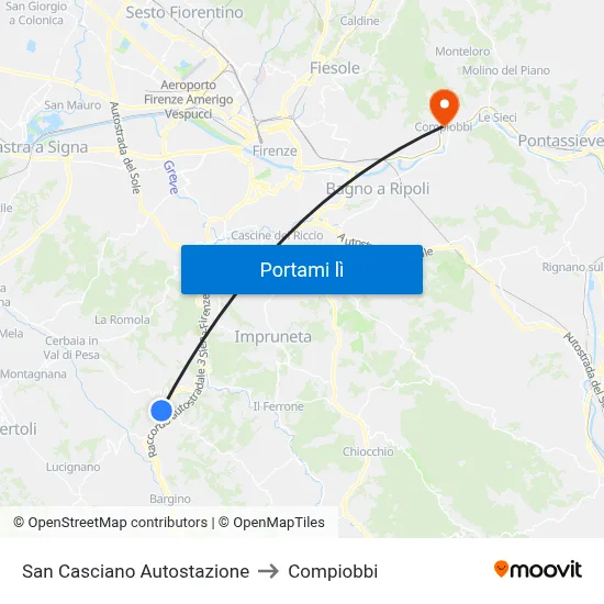 San Casciano Autostazione to Compiobbi map