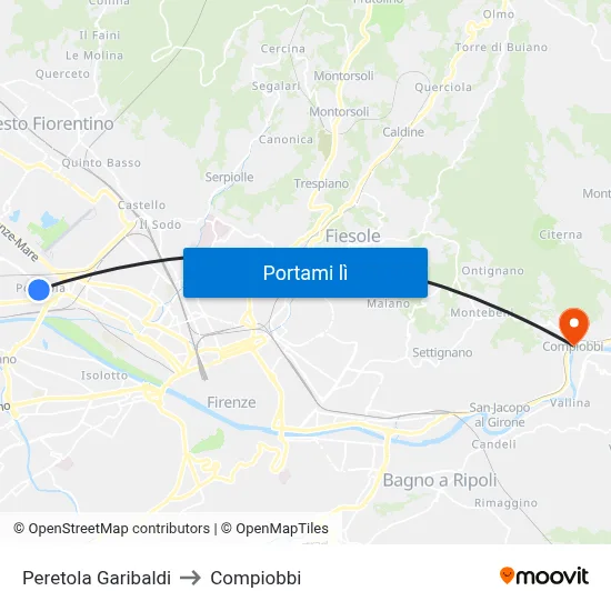 Peretola Garibaldi to Compiobbi map