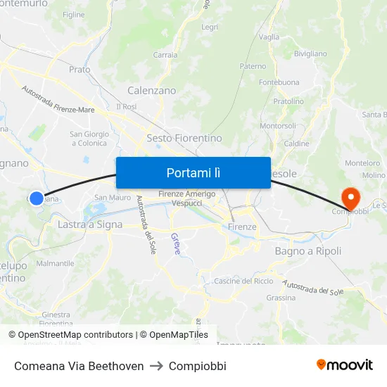 Comeana Via Beethoven to Compiobbi map