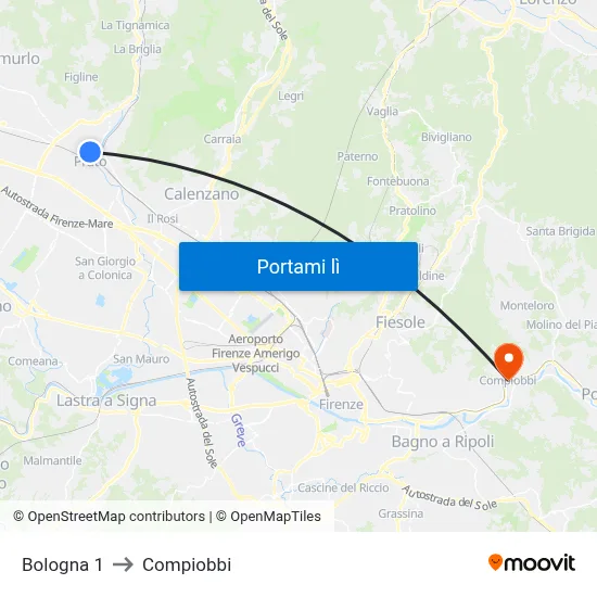 Bologna 1 to Compiobbi map
