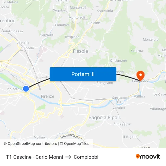 T1 Cascine - Carlo Monni to Compiobbi map