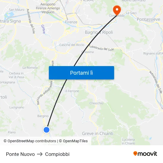 Ponte Nuovo to Compiobbi map